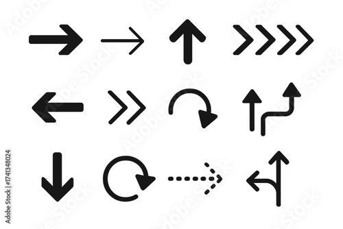 Big collection of vector arrow icons. Set of black direction pointers, cursors and navigation symbols for web design. Up, down, left, right, refresh, next, back signs.
