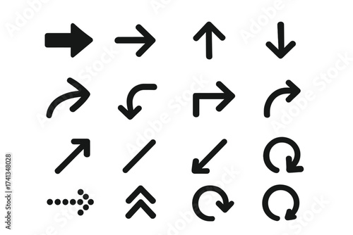 Big set of vector arrows. Arrow icon collection for web design and user interface. Pointers, direction, navigation symbols. Up, down, left, right, refresh, reload signs.