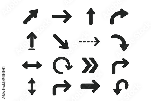 Set of vector arrows. Arrow icon collection for web and app design. Black direction symbols. Pointer cursor for navigation. Next, back, up, down, refresh, reload. UI UX element.