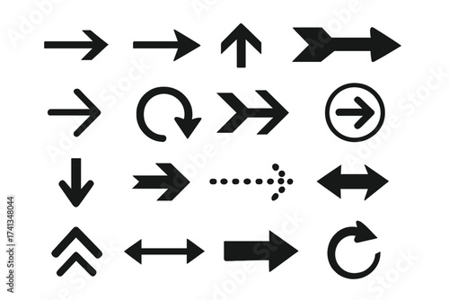 Large set of vector arrows. Black flat icon collection for navigation. Up, down, left, right direction signs. Next, back, reload, refresh, pointer symbols. Simple glyphs for UI.