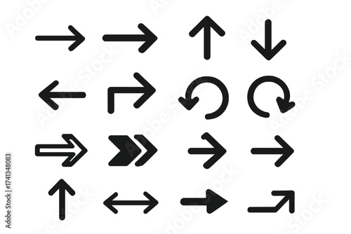 Vector arrows icon set. Big collection of different black arrow symbols and signs isolated on white background. Pointers for direction, navigation, up, down, next, refresh.