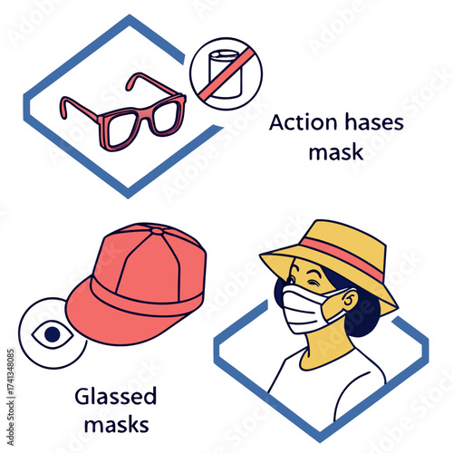 Visual guide illustrating protective measures and accessories for wearing face masks including eyeglasses hats and the importance of proper mask fit and coverage for health and safety