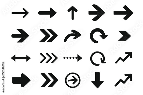 Vector arrow collection. Set of black isolated icons. Pointer and direction symbols for web and UI design. Graphic elements for navigation, next, back, up, down, refresh, growth.