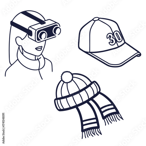 Stylized outline icons representing virtual reality headset winter hat and scarf and baseball cap with number thirty