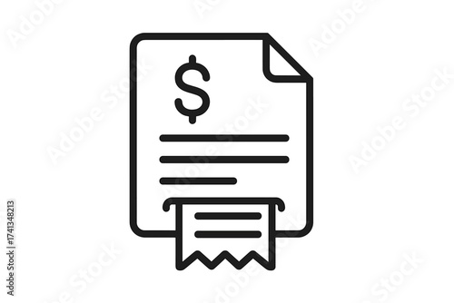 Modern financial invoice or receipt icon with bold dollar symbol, clean outlined document, pixel perfect editable stroke, minimalistic black line illustration for payment or billing, vector isolated