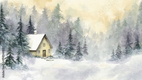 Snowy forest house painting artistic depiction of isolated dwelling nestled in winter woods