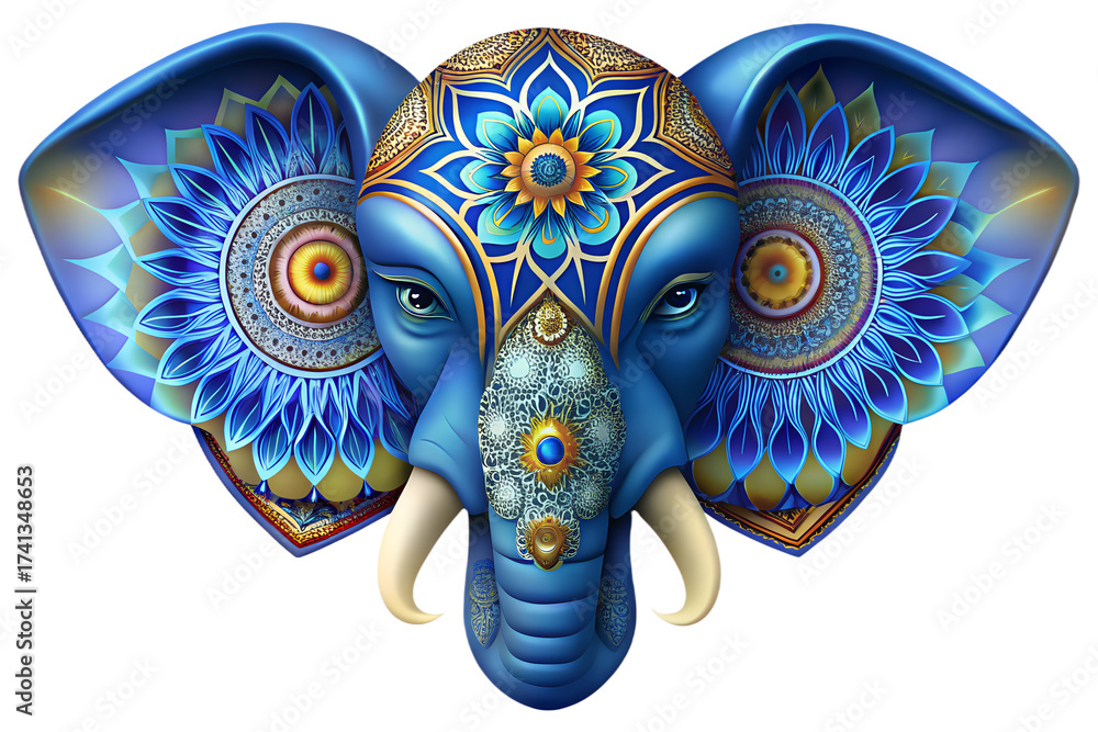 Obraz premium Photo of intricately decorated blue elephant head with floral patterns and golden accents, representing wisdom and good fortune isolated on transparent background