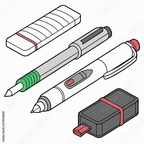 A collection of modern drawing and writing tools including a stylus pen a mechanical pencil and an eraser presented in a clean isometric illustration style