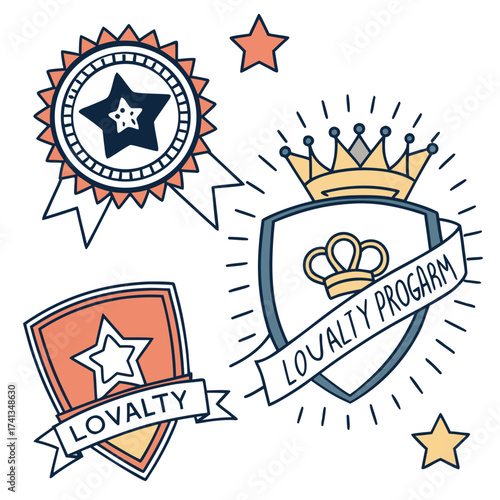 Collection of hand drawn loyalty program badges and awards featuring stars crowns and ribbons with text on a white background