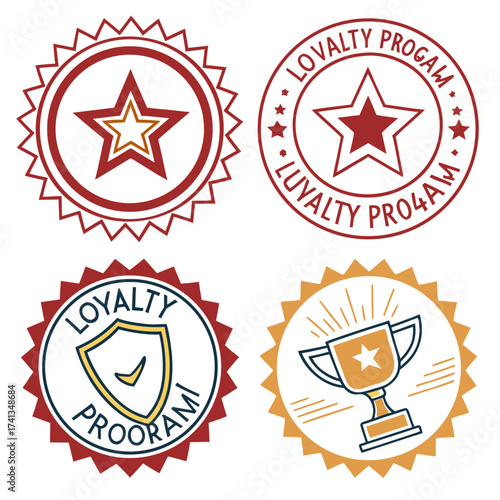 Collection of four stylized loyalty program badges featuring stars a shield with a checkmark and a trophy with a star representing rewards and recognition