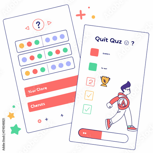 Interactive quiz game interface with colorful dots and a character running towards a trophy representing learning and achievement