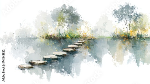 Watercolor landscape stepping stones serene watercolor painting of landscape with stones