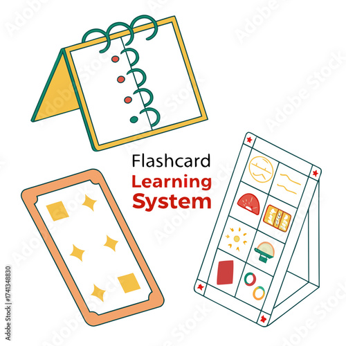 Illustrated flashcard learning system with a spiral bound flip chart and a card display stand featuring various educational icons and shapes for children s education and study