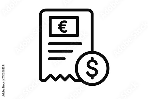 Invoice and Payment Symbol Set. Minimal Euro and Dollar Cash Receipt Icon. Simple Rounded Line Art Vector. Editable Stroke Transparent Background. Pixel Perfect Modern Business Finance Elements.