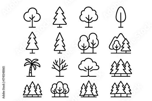 Minimalist tree and forest icon collection. Thin line editable stroke vector set. Includes pine, deciduous, palm, leafless, woodland, landscape, nature, grouped and single tree cartoon illustrations.