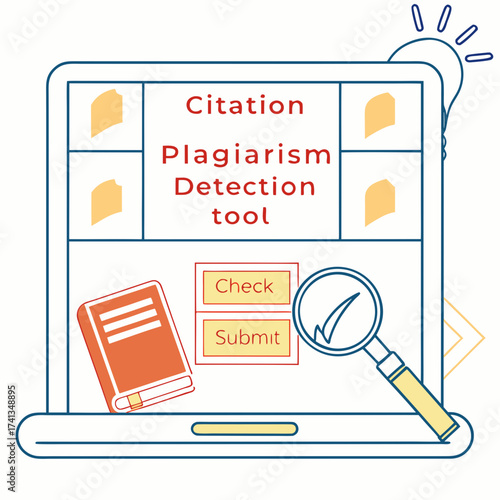 Conceptual illustration of a laptop displaying a plagiarism detection tool with a book magnifying glass and checkmark symbolizing academic integrity and originality in research and writing