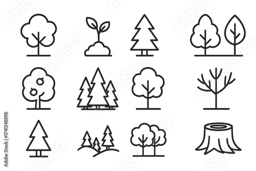 Thin line tree and forest icons set for web, app, cards, books. Editable stroke nature vector. Oak, pine, sprout, bare tree, stump, forest, pair trees. Cartoon outline illustration isolated