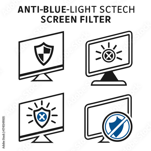 Set of four flat design icons representing anti blue light screen filters for digital devices and computer monitors showing protection and blocking harmful rays
