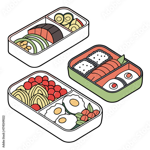 Three delicious and colorful bento boxes filled with various japanese food items including sushi rice salmon eggs and vegetables presented in an isometric view