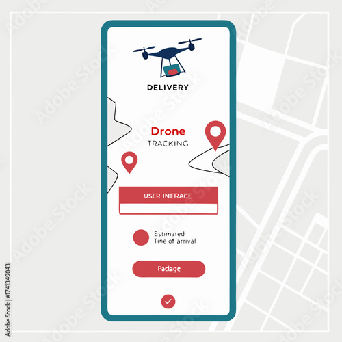 Modern drone delivery tracking application interface displayed on a smartphone screen showing package location and estimated arrival time on a map background