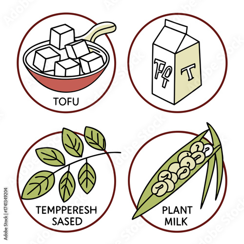 A collection of four circular icons representing tofu plant milk soy beans and a branch with leaves illustrating vegan food ingredients and products