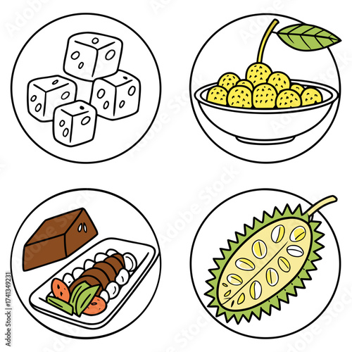 Four circular icons featuring dice food items and a durian fruit illustration in a simple cartoon style