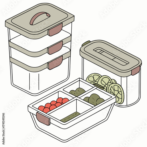 Set of modern food storage containers with compartments for organizing fresh ingredients like cherry tomatoes olives and sliced lemons for healthy meal preparation