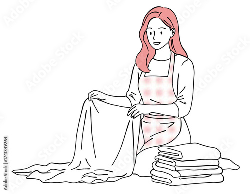 エプロン姿で洗濯物（タオル）をたたむ女性の線画イラスト,家事,主婦,シンプル