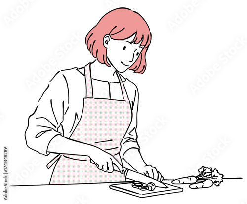エプロン姿で料理をする女性の線画イラスト,野菜を切る,クッキング,主婦