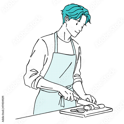 エプロン姿で料理をする男性の線画イラスト,野菜を切る,クッキング,イクメン