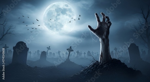 A Happy Halloween Scene With A Spooky Zombie Hand Rising From The Ground In A Graveyard Under A Full Moon