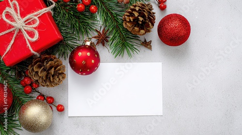 Christmas Blank Card Border: Fresh Pine Branches, Red/Gold Baubles, Pine Cones, Gift Box, Star Anise, White Card, Light Gray Background