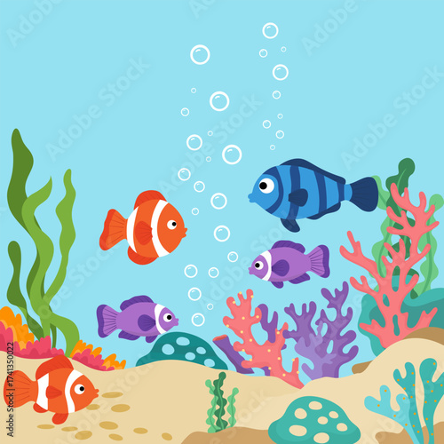 Cute fishes with underwater world scene illustration 