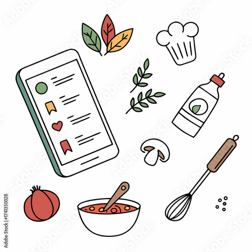 Culinary inspiration and cooking elements featuring a smartphone displaying recipes ingredients and kitchen tools for food preparation and meal planning