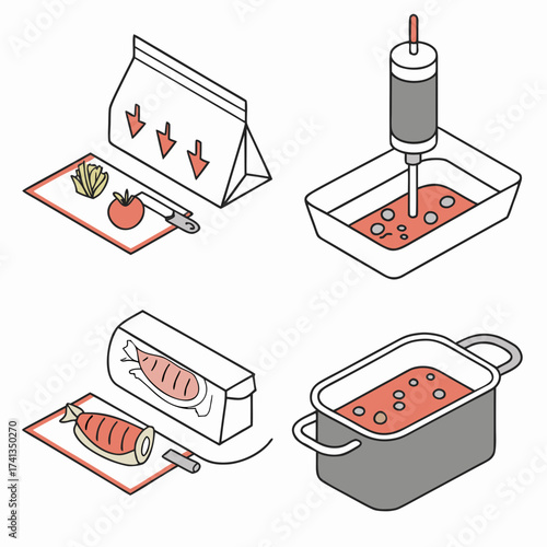 Illustrated step by step process of preparing food including chopping vegetables using a blender packaging fish and cooking in a pot