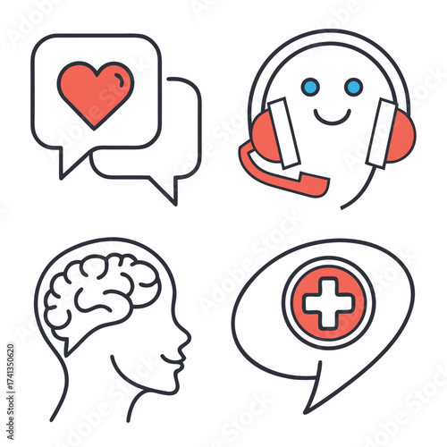 Set of four simple line art icons representing mental health support communication and well being concepts with a brain heart headset and medical cross