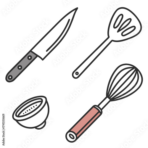 A collection of essential kitchen utensils including a chef knife spatula whisk and half lemon for cooking and baking preparation