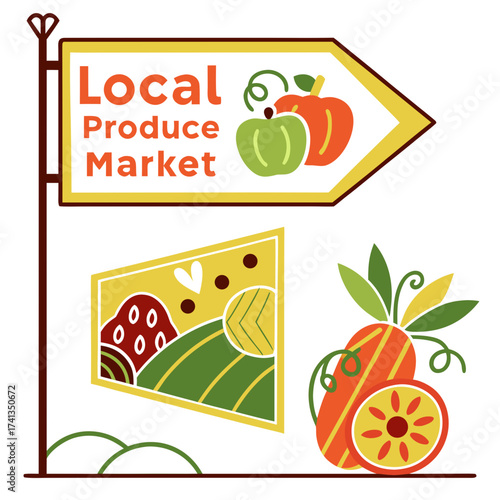 Charming illustration of a local produce market sign with stylized fruits and vegetables and a scenic farm landscape element