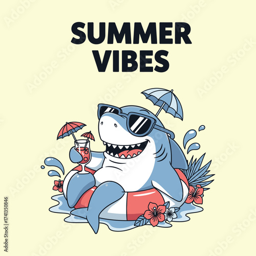 Cartoon shark with sunglasses enjoying a drink in a float with summer vibes text bundle design
