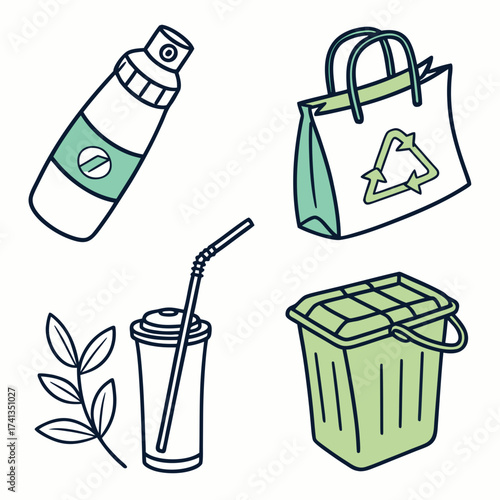 Set of hand drawn icons representing eco friendly lifestyle choices including a reusable spray bottle shopping bag with recycling symbol cup with straw and a trash bin