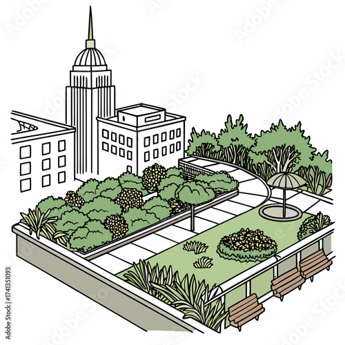 An isometric illustration of a lush green rooftop garden oasis with urban buildings and seating areas providing a serene escape