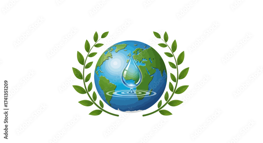 Obraz premium Earth Globe with Water Drop and Laurel Wreath Symbol.