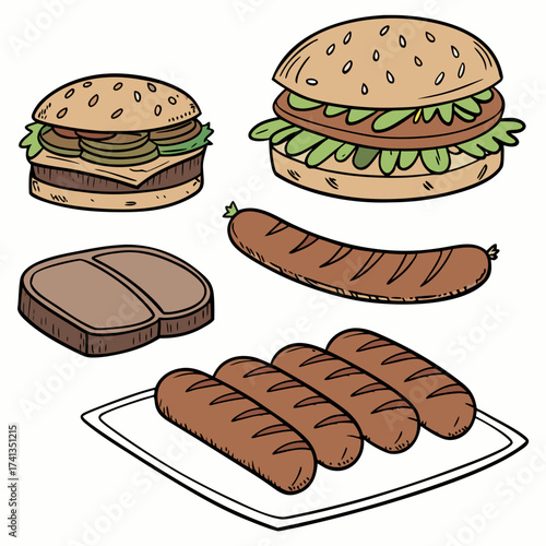 Collection of hand drawn cartoon style food items including two hamburgers a steak and several grilled sausages arranged on a white background