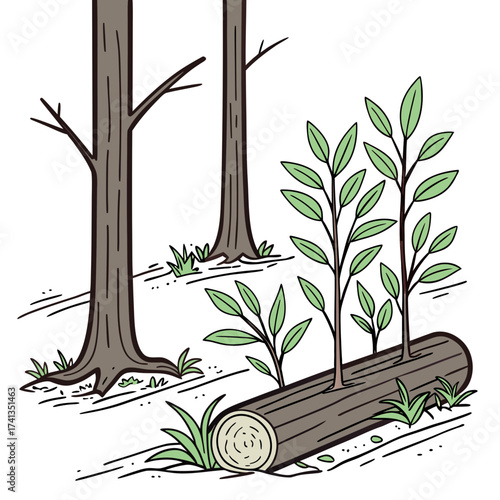 Illustration of a forest floor with mature trees and new saplings growing from a fallen log symbolizing renewal and the cycle of life