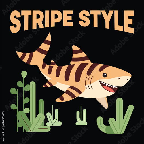 Striped predator swimming near plants with stripe style text above it image bundle design