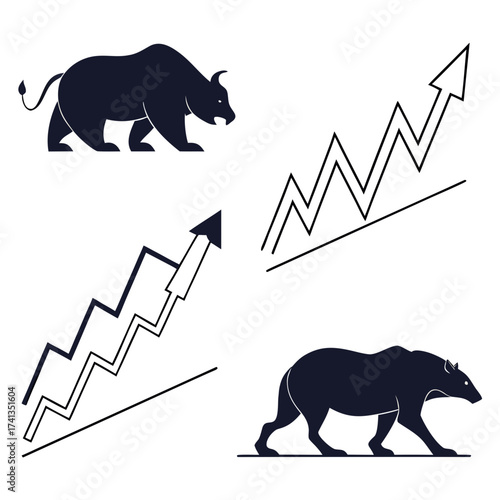 Conceptual illustration of stock market trends featuring a bull and bear silhouette alongside upward trending line graphs symbolizing financial growth and decline