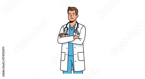 Friendly Cartoon Male Doctor in White Lab Coat with Stethoscope Arms Crossed.