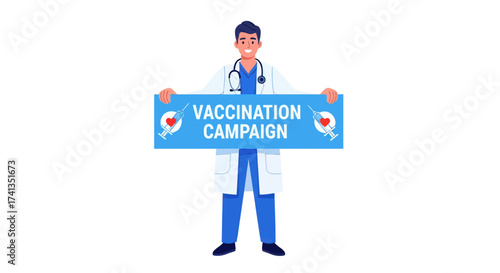 Doctor holding a Vaccination Campaign sign with heart icons.