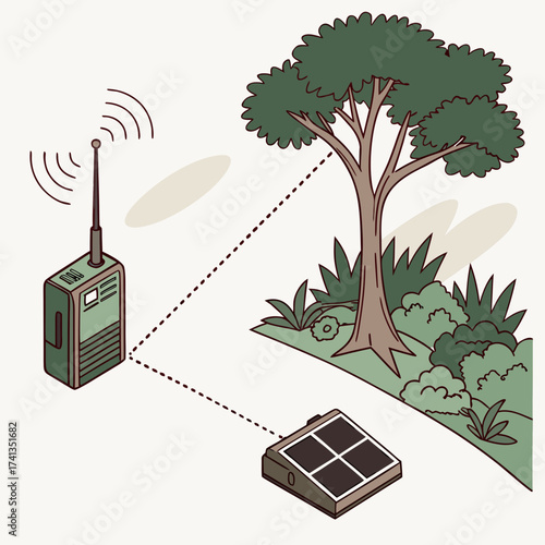 Illustration of a portable solar powered radio transmitter communicating wirelessly with a device in a natural outdoor environment with trees and foliage