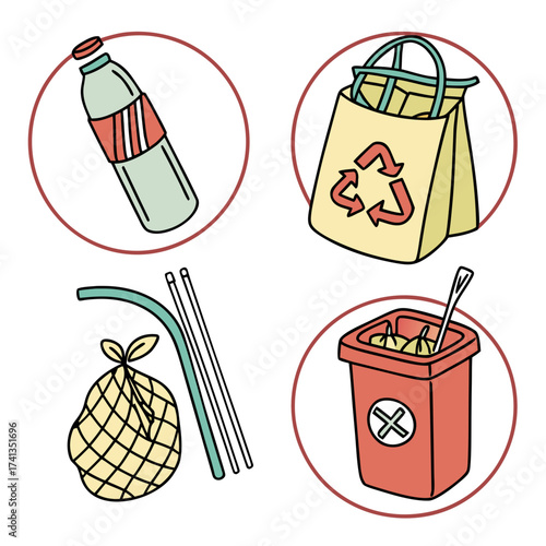 Collection of illustrated icons representing reusable items and waste disposal for a sustainable lifestyle and environmental awareness